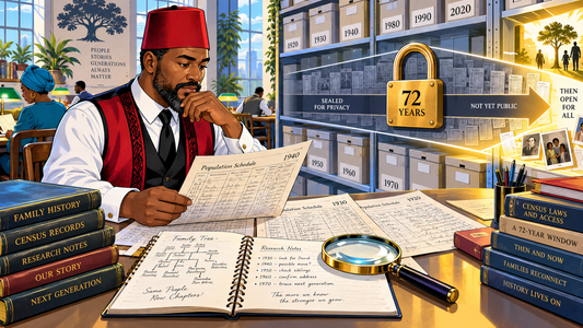 Moorish American researcher examining federal census records beside a symbolic 72-year lock