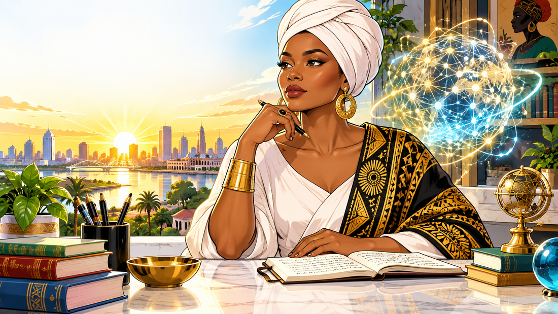 Moorish American scholar studying an abstract AI pattern