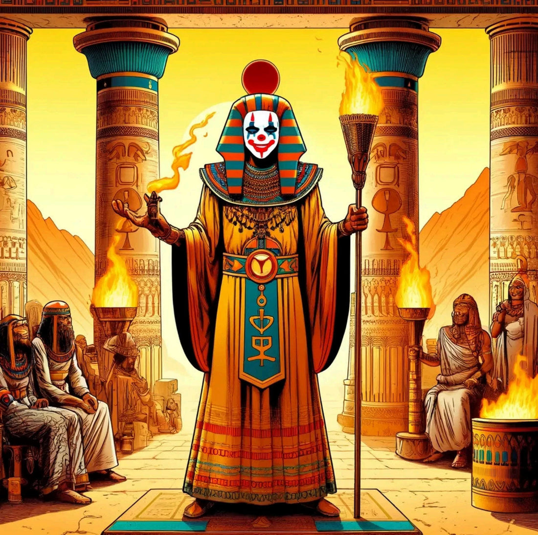 Ancient Egyptian high priest in ceremonial dress with clown-style face paint