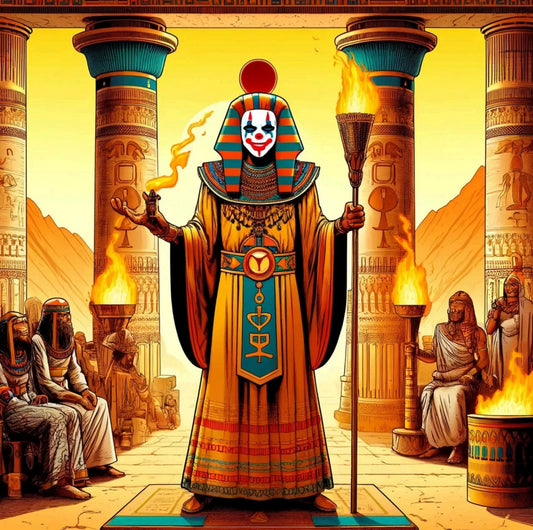 Ancient Egyptian high priest in ceremonial dress with clown-style face paint