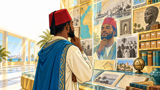 Moorish American man reflecting in a civic archive of maps and records