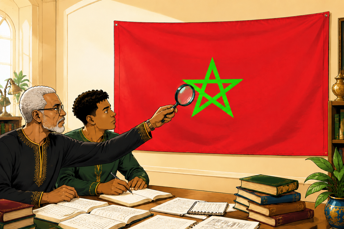 Moorish American elders studying the connected green five-pointed star on a red Moorish American flag.