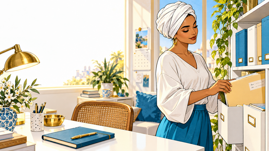 Moorish American woman filing completed work in a home archive