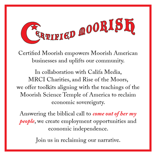 Text about Certified Moorish empowerment and community upliftment with a red border.