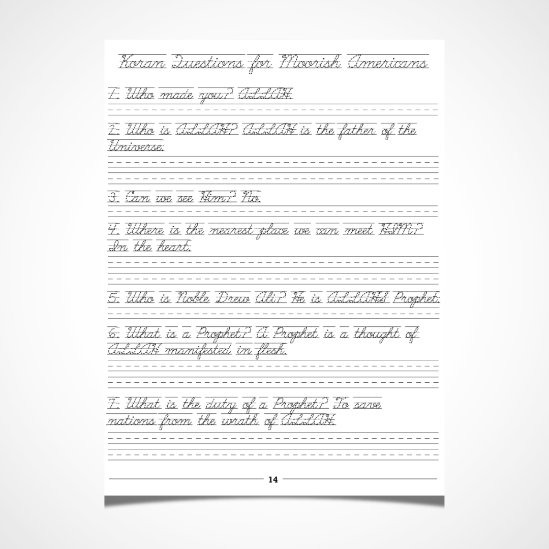 Koran Questions for Moorish Americans Cursive Handwriting Workbook Printout