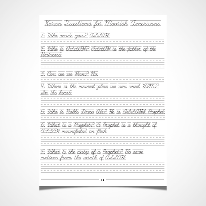 Koran Questions for Moorish Americans Cursive Handwriting Workbook Printout