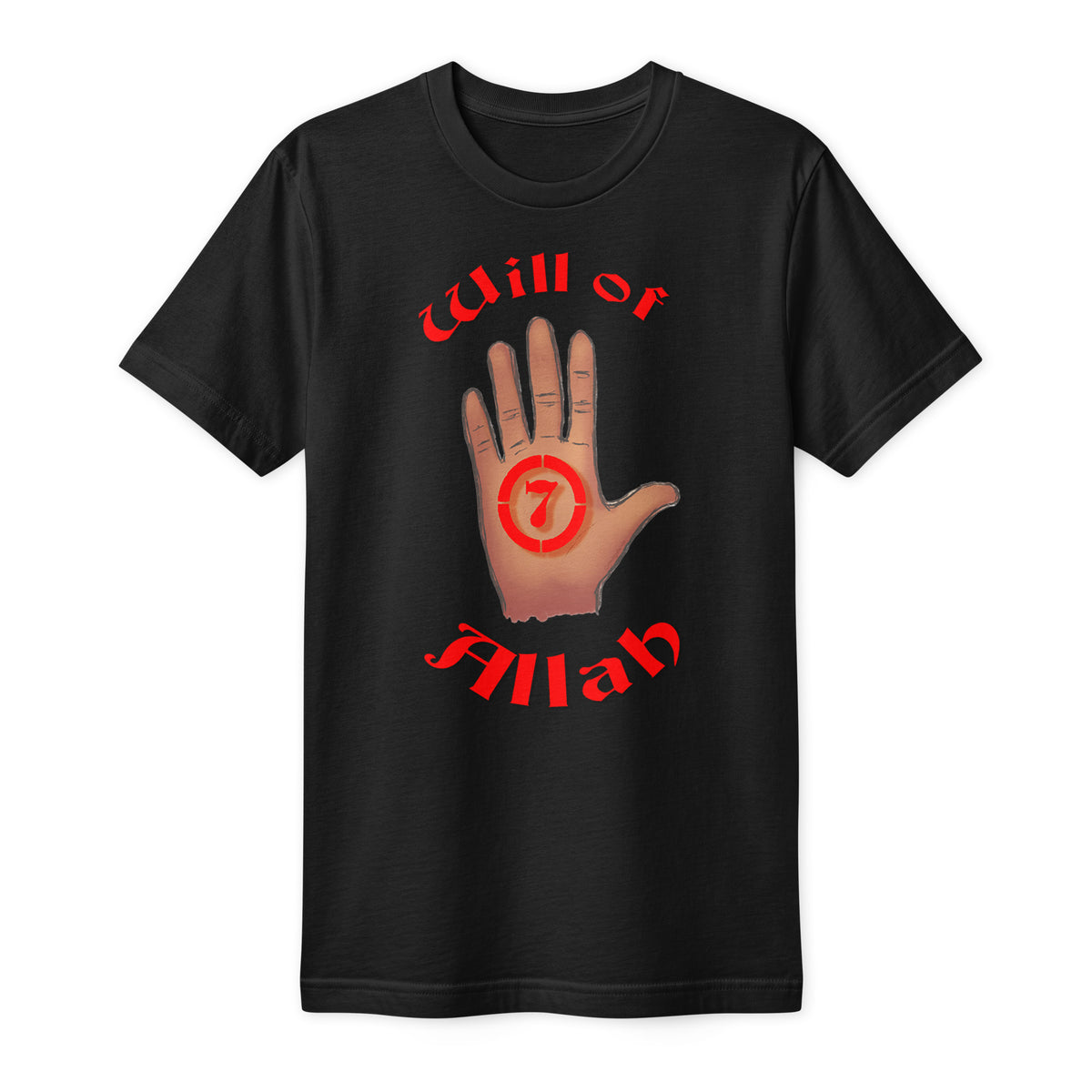 Black Will of Allah T-shirt mockup with raised hand and red Seven design