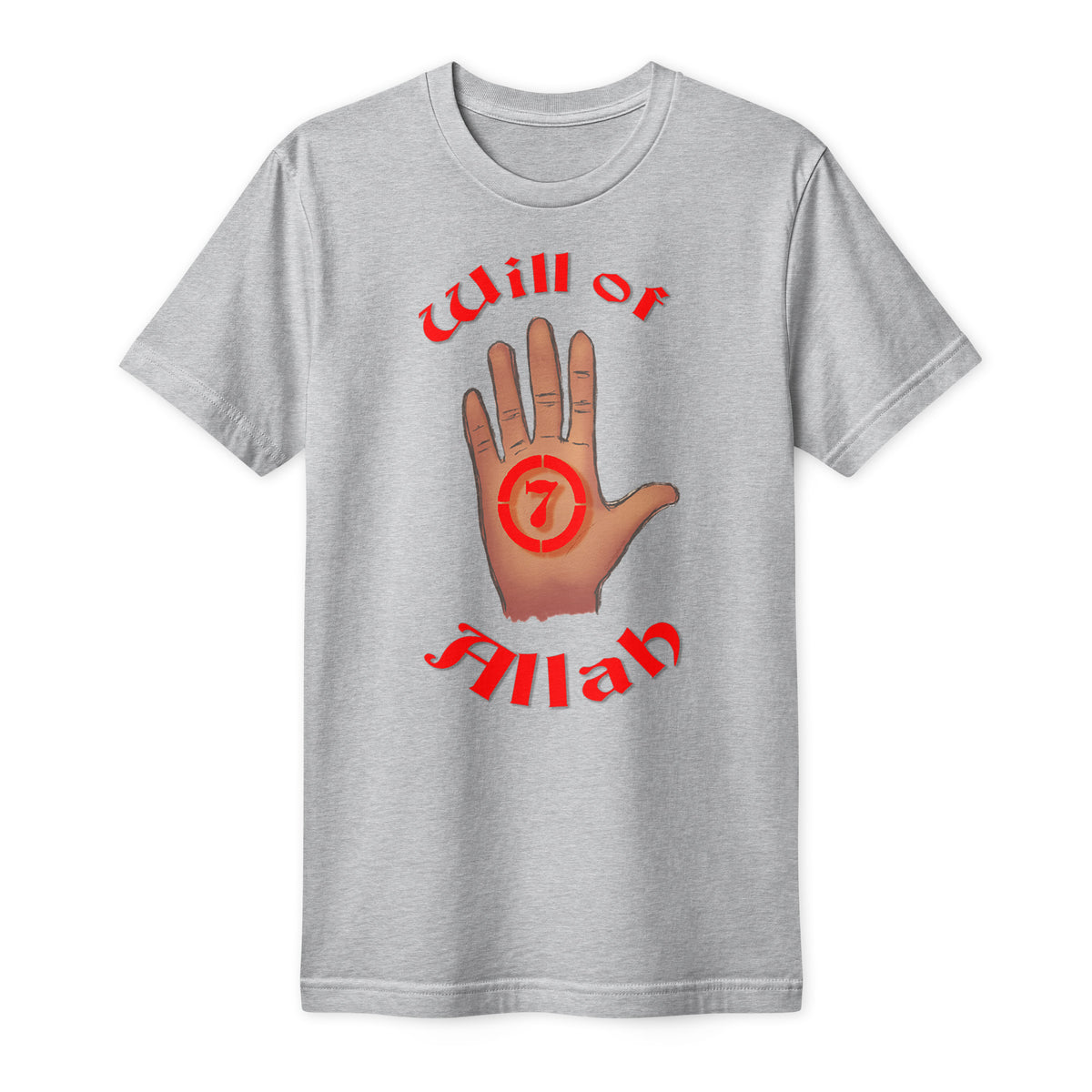 Heather Grey Will of Allah T-shirt with raised hand and red Seven design