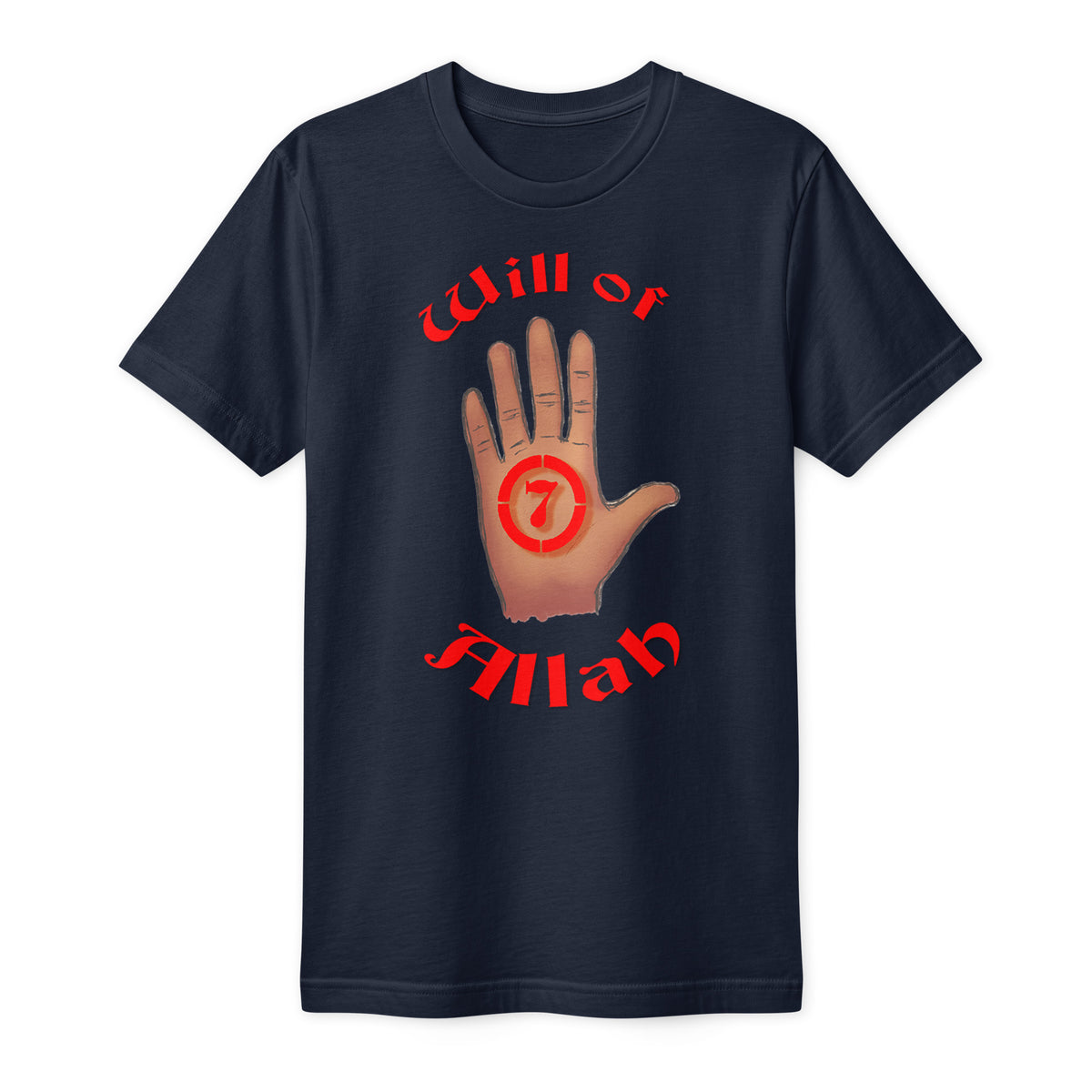 Navy Will of Allah T-shirt with raised hand and red Seven design