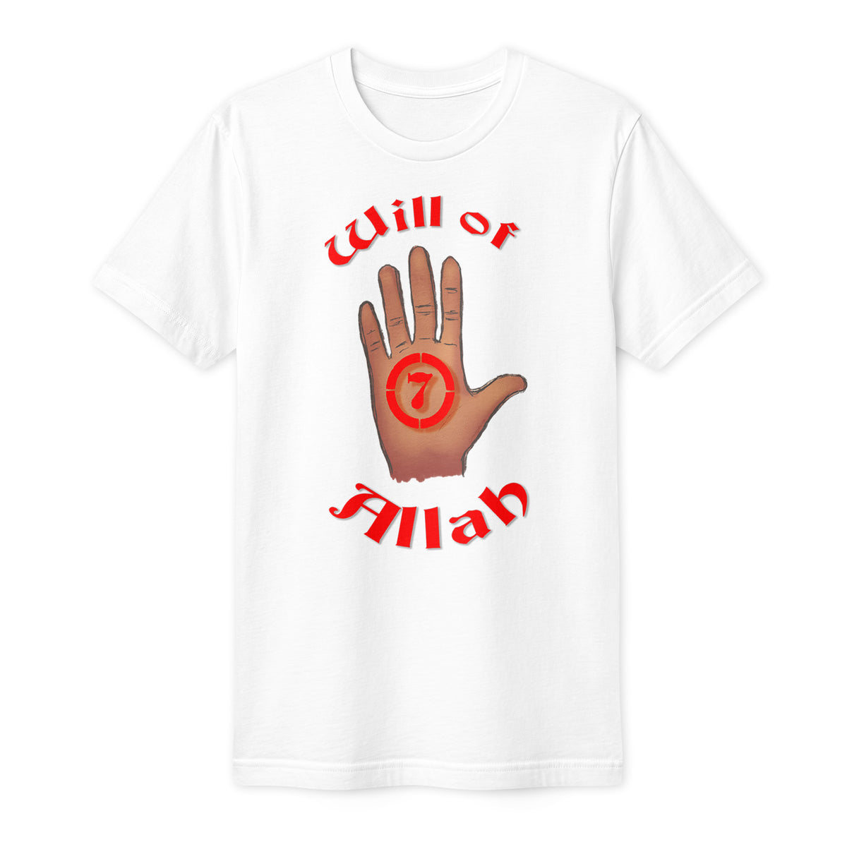 White Will of Allah T-shirt with raised hand and red Seven design
